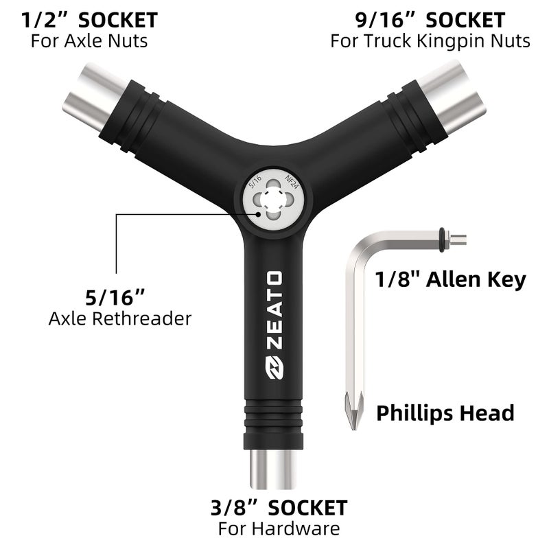 Zeato All-In-One Skate Tools Multi-function Portable Skateboard Y Tool Accessory with Y-type Allen Key and L-type Phillips Head Wrench Screwdriver - Image 2